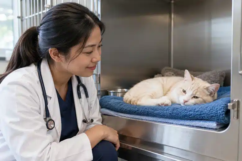 Veterinarian observing a cream cat resting on a blue blanket in a recovery cubicle