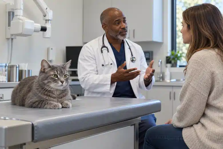 Grey cat on an examination table while a veterinarian discusses care with its owner