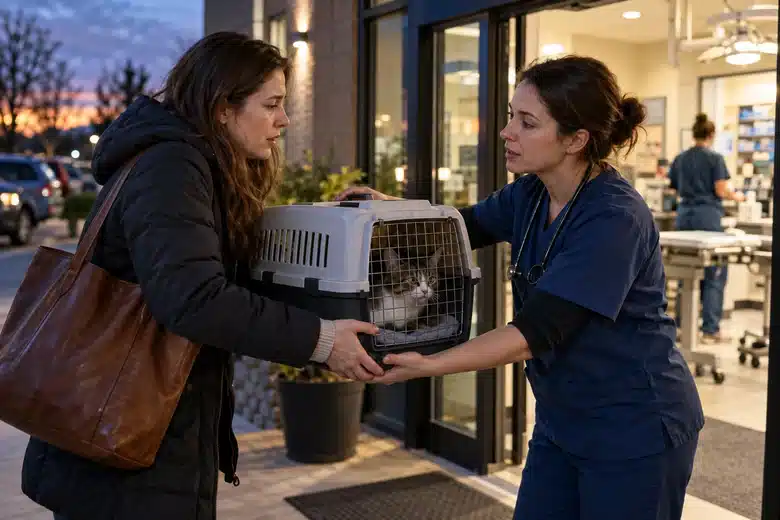 Nurse receiving a cat carrier outside an emergency clinic at dusk