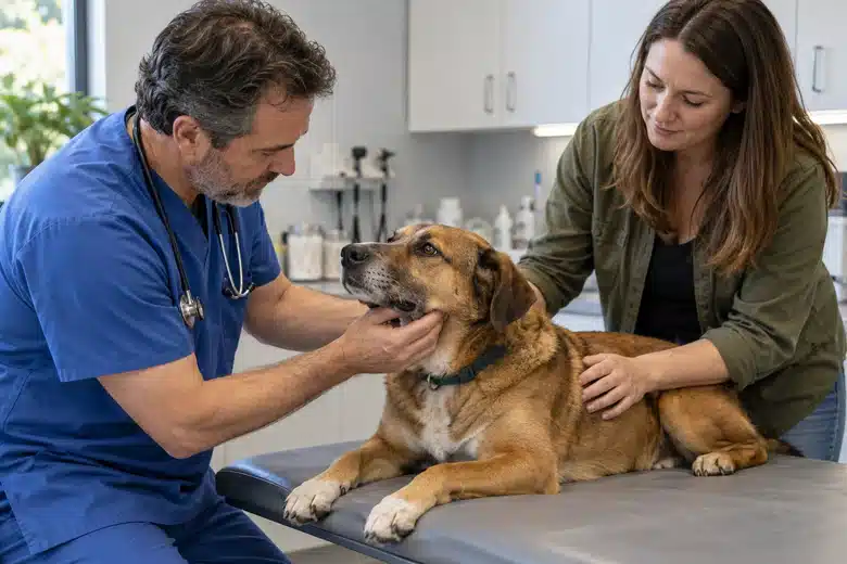 Veterinarian examining a calm brown dog while its owner stands beside it