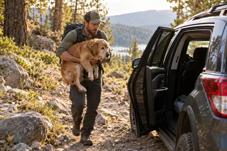 A hiker carrying a dog toward a parked vehicle on a woodland trail
