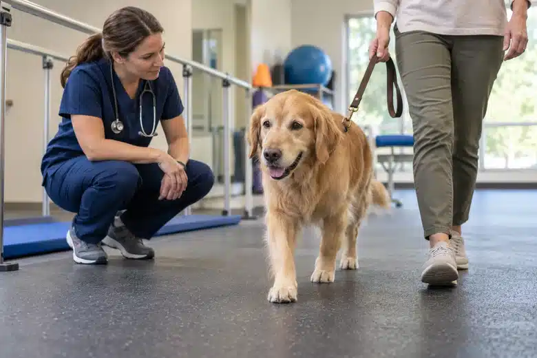 A veterinarian observes a retriever walking across a rehabilitation room