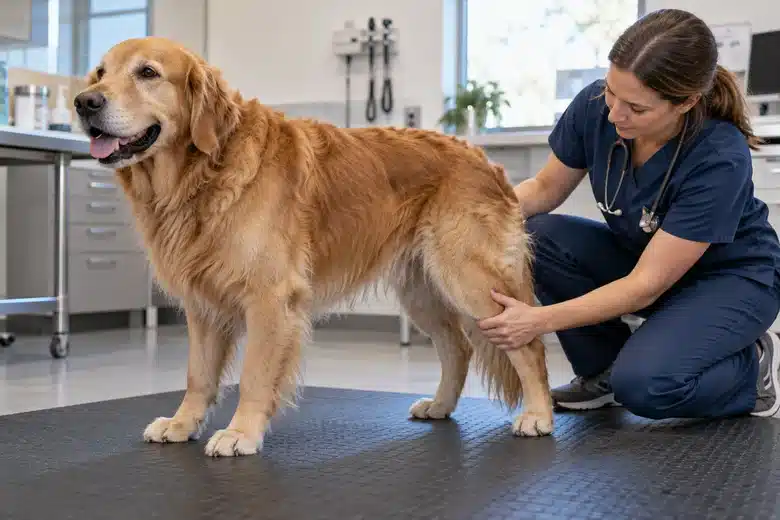 Veterinarian assessing a golden retriever on a non-slip mat