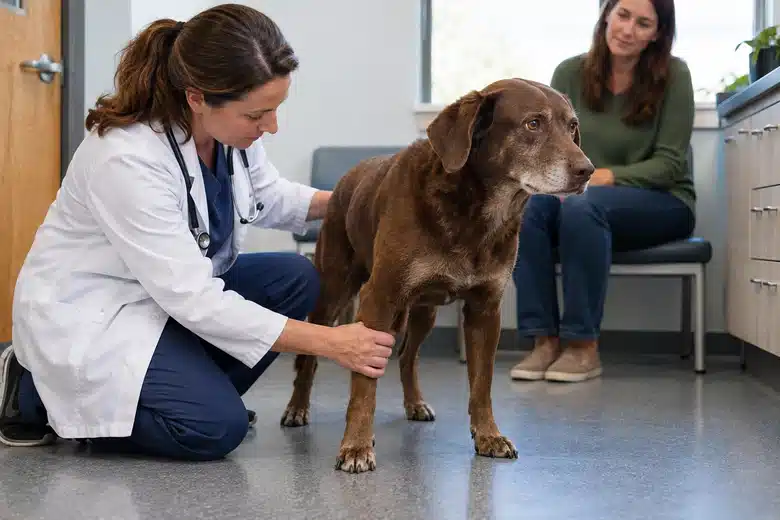 Veterinarian conducting a calm noninvasive dog neurology examination