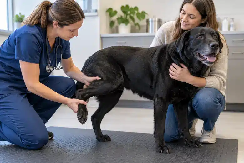 Veterinarian gently examining a black dog’s hind leg