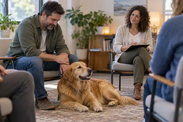 Calm golden dog beside adults in a community therapy room