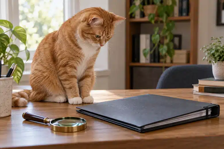 Cat beside an unbranded folder and magnifying glass