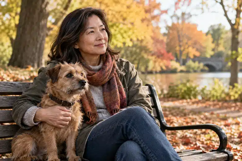 Woman and small terrier resting on an autumn park bench