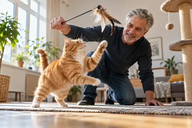 A silver-haired man playing with a ginger cat in a bright living room