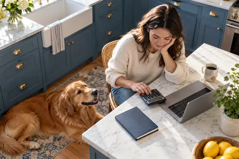 Golden retriever near an owner preparing a household budget