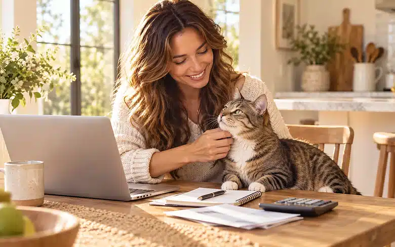 Cat resting with owner as they review pet insurance costs on a laptop