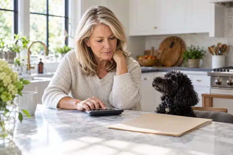 An owner checks a calculator with a small poodle nearby