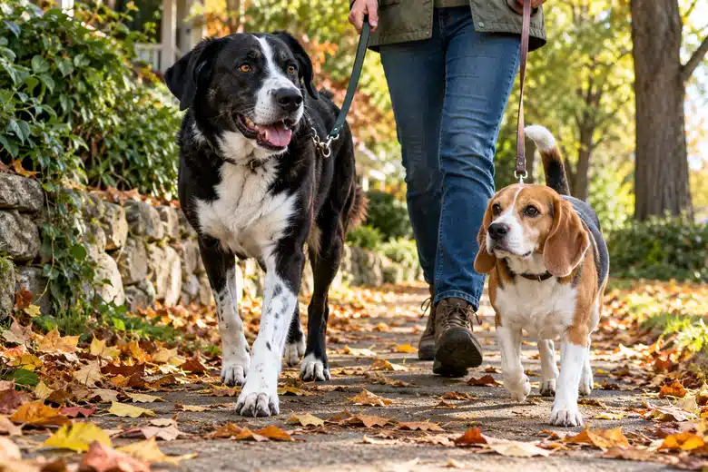 Two dogs of different sizes walking on a leafy suburban path