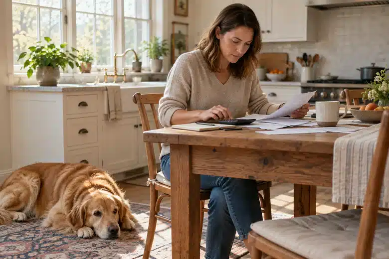 Golden retriever resting beside a table with a calculator and household paperwork