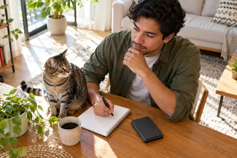 Man with a tabby cat reviewing a blank notebook at home