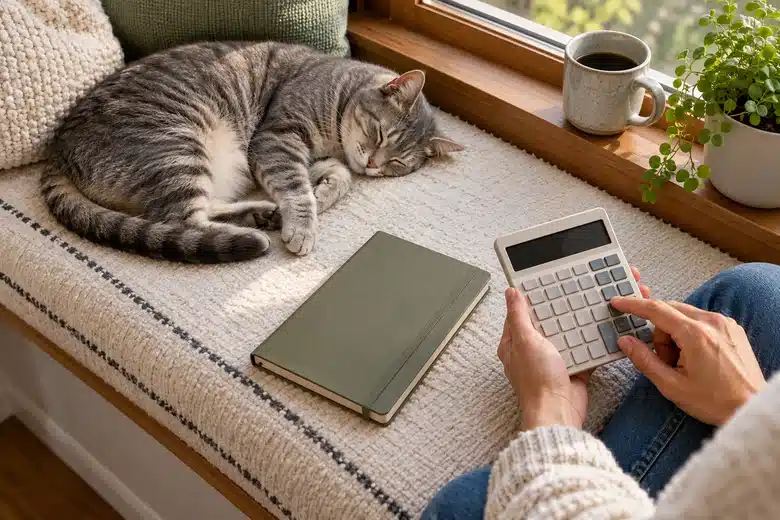 Gray tabby asleep on a window bench beside hands using a calculator and notebook