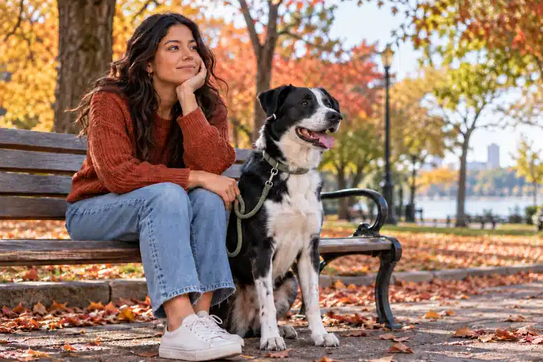 Woman and adult black-and-white dog resting on a park bench