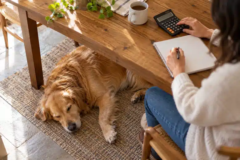 Golden retriever under a table while an owner works on a blank budget notebook