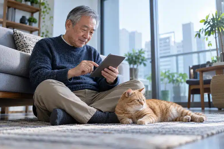 Older man using a tablet beside an orange cat
