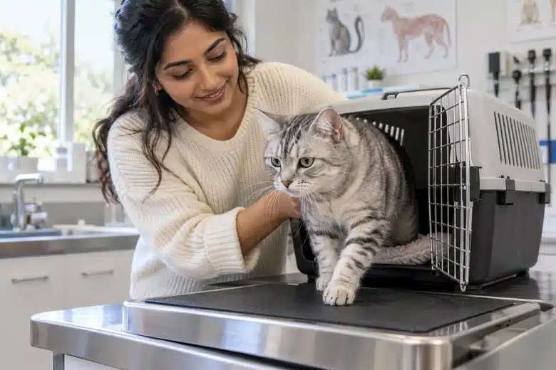 Cat stepping from a carrier toward a veterinary scale with its owner