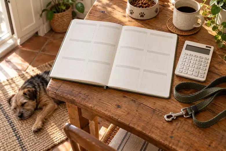 Calendar and calculator beside a resting terrier