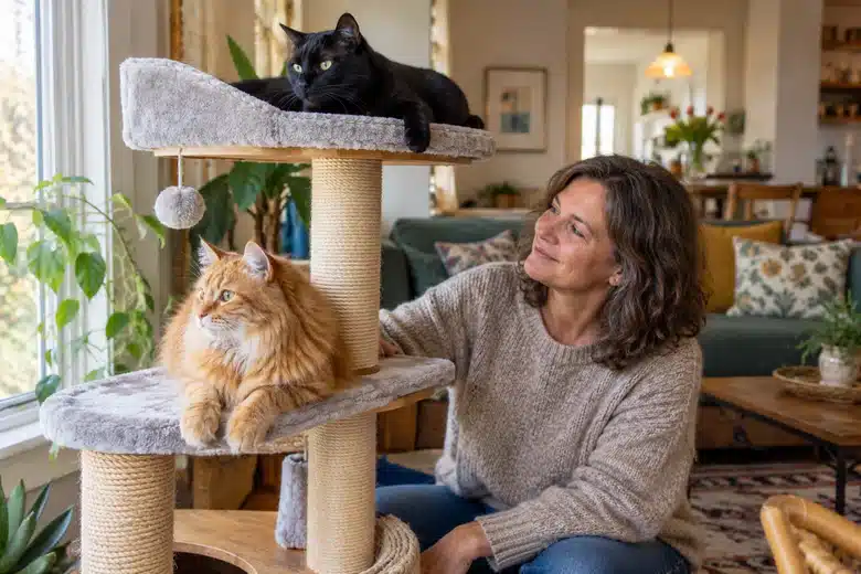 A black cat and ginger cat resting on different levels of a cat tree