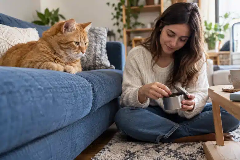 Ginger cat on a blue sofa while its owner opens a savings tin nearby