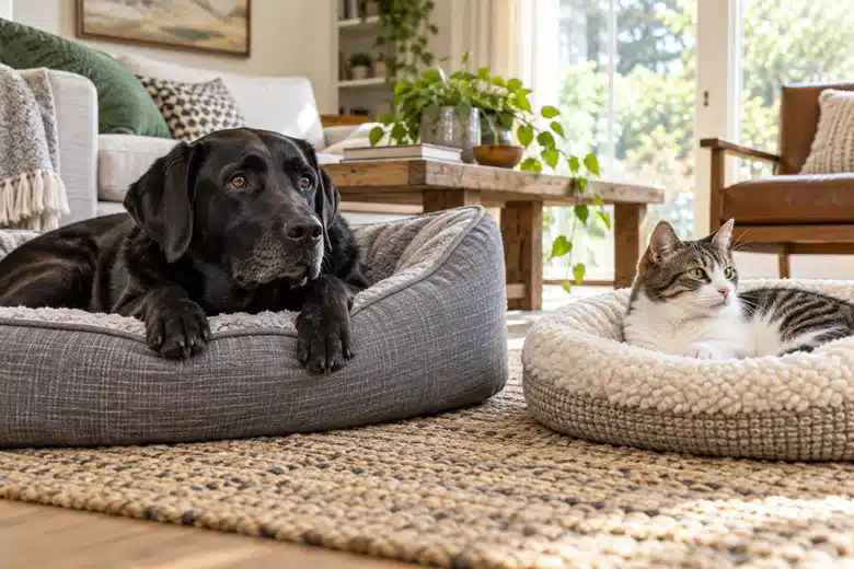 Labrador and tabby in separate beds
