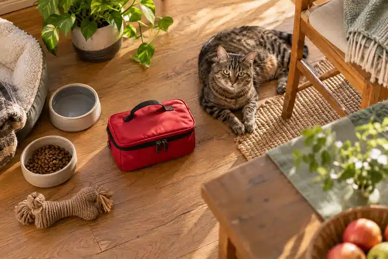 Cat beside everyday pet supplies in a kitchen