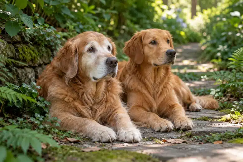 Older golden retriever resting beside a younger golden dog on a leafy garden path