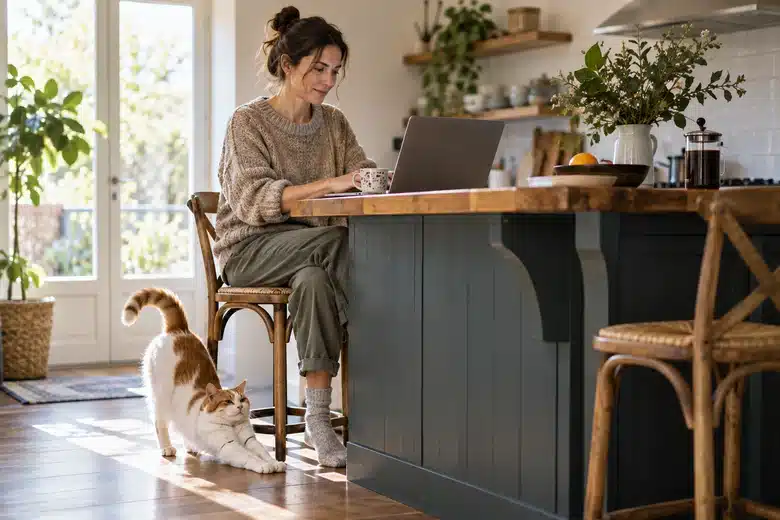 Owner comparing information on a laptop with a ginger-and-white cat nearby