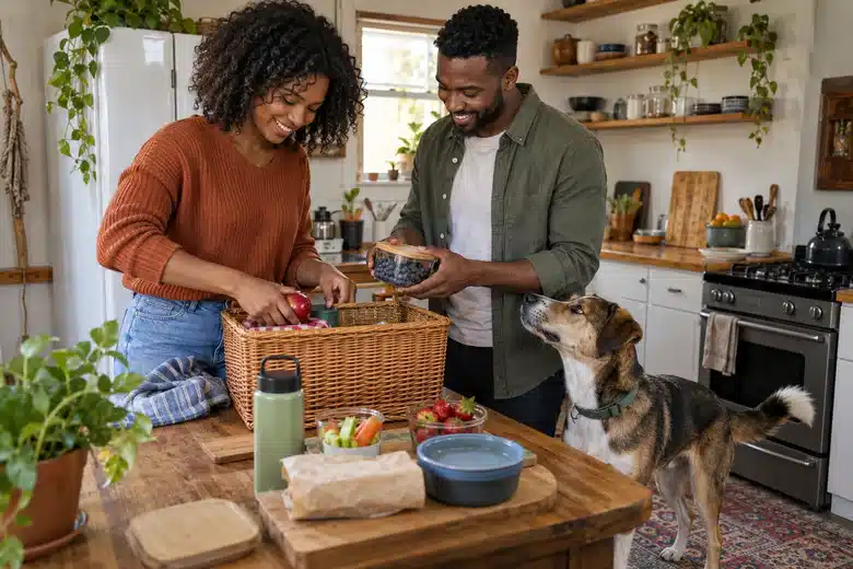Couple packing a picnic basket in their kitchen with a dog beside them