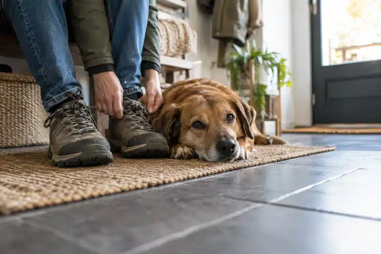 A dog resting beside walking shoes in a modest apartment entry