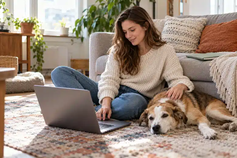 Owner with a rescue dog and an unbranded laptop in an apartment
