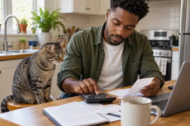 Man using a calculator beside a tabby cat