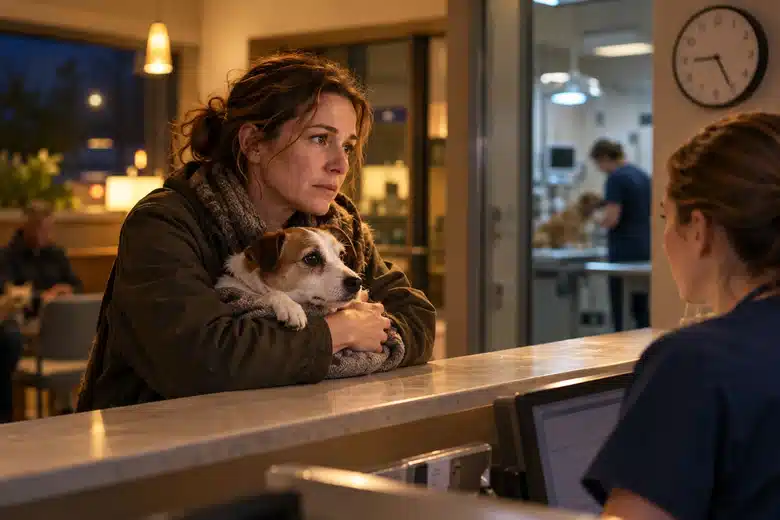 An adult holding a small dog at a veterinary reception desk in evening light