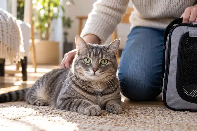 Gray tabby resting near its carrier in a sunlit apartment