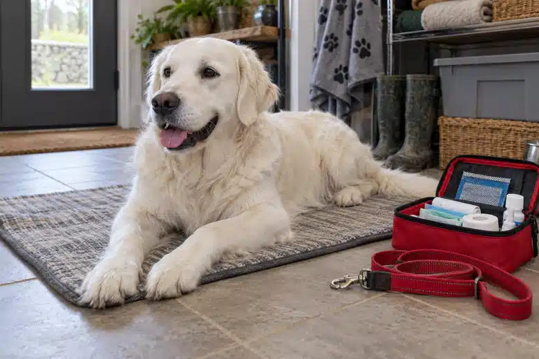 White dog resting beside practical pet-care supplies