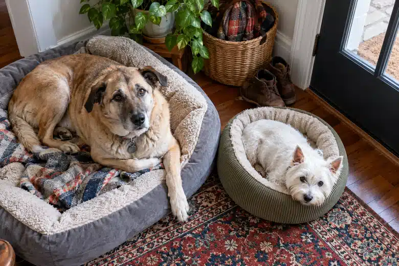 Two different dogs resting in separate beds