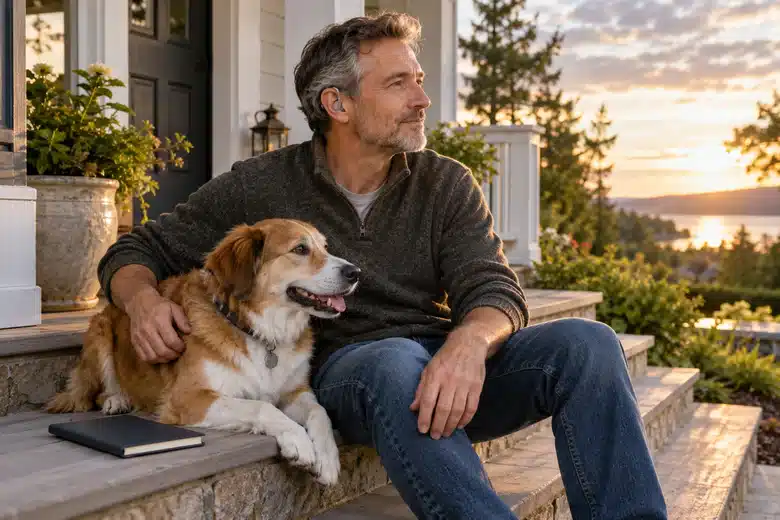 Owner and rescue dog on porch steps beside a plain notebook