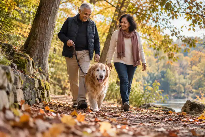 An older couple walks a senior golden retriever along an autumn trail