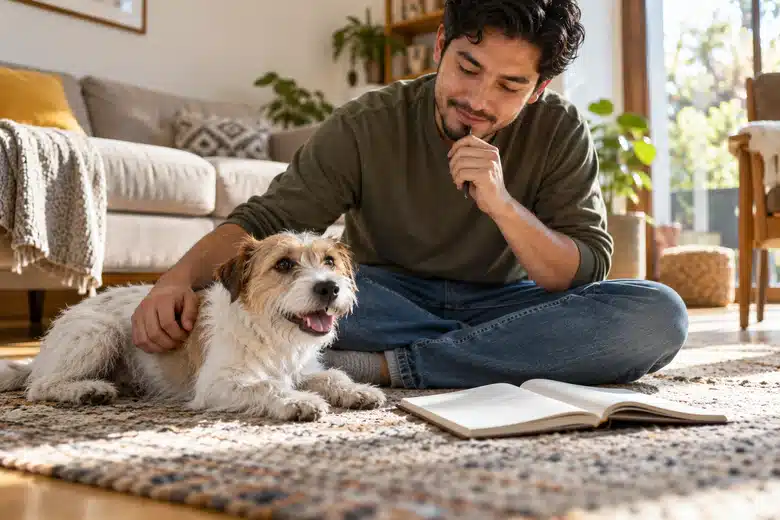 Owner sitting on a rug with a terrier beside an open notebook