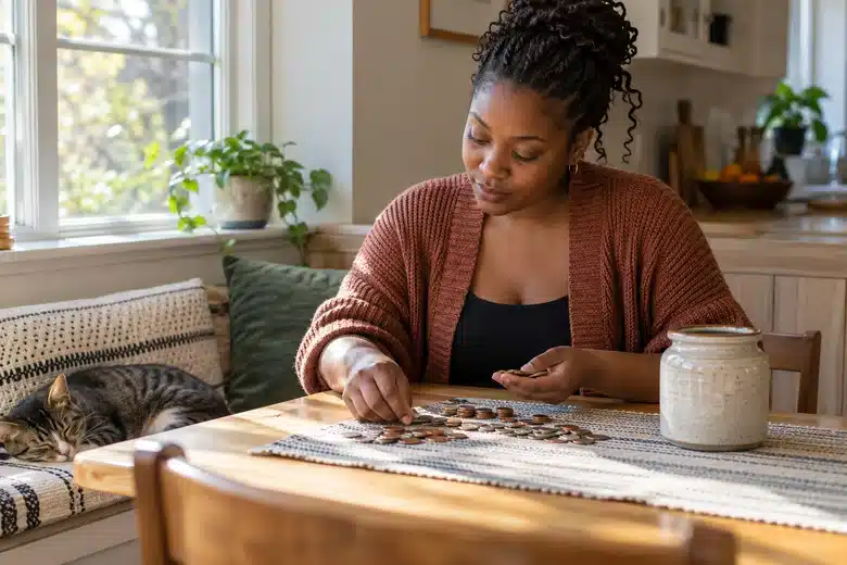 Woman counting coins at a kitchen nook while a tabby cat sleeps nearby