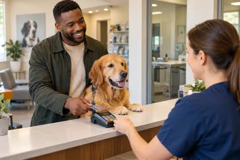 Dog owner with golden retriever at veterinary checkout