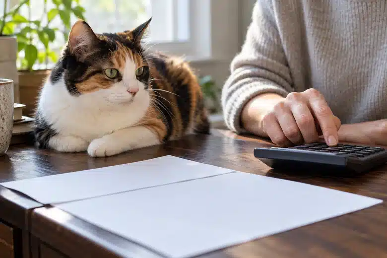 Cat beside a calculator and unmarked budgeting papers