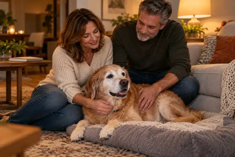 Couple relaxing at home with a senior golden retriever