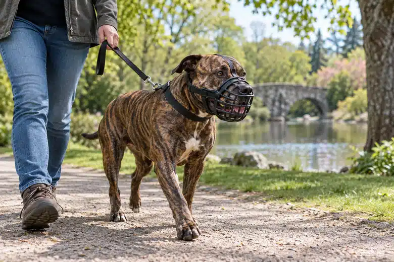 Calm muzzled dog walking safely with a handler