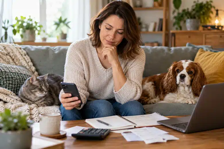 Owner considering pet-care expenses with a cat and spaniel