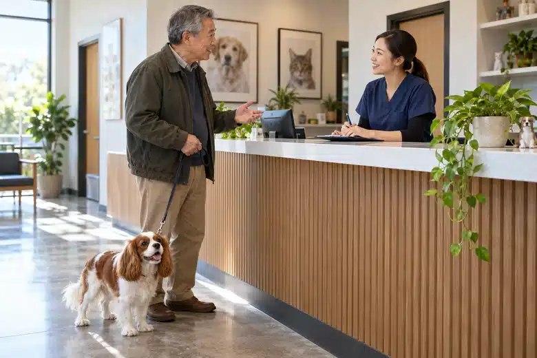 Older owner and spaniel speaking with a veterinary receptionist