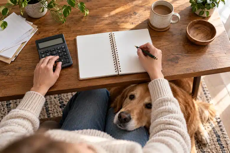 Dog owner’s budget desk viewed from above with a golden dog resting nearby